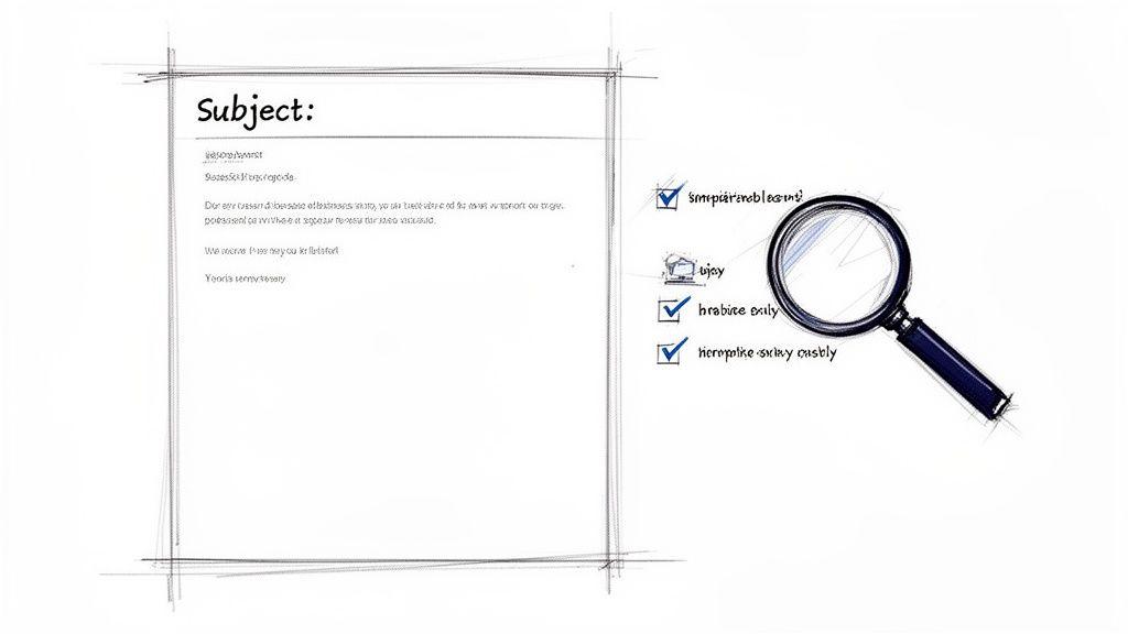 Hand-drawn sketch of an email document with a magnifying glass and a checklist.