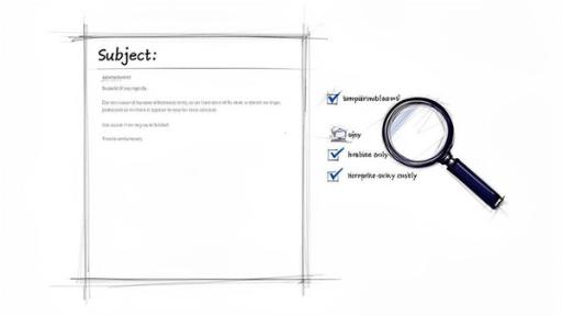 Hand-drawn sketch of an email document with a magnifying glass and a checklist.