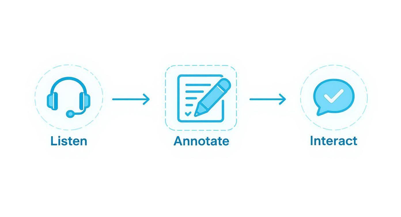 Three-step learning process showing listen, annotate, and interact icons with arrows connecting them