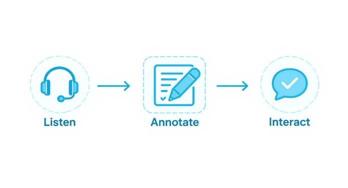 Three-step learning process showing listen, annotate, and interact icons with arrows connecting them