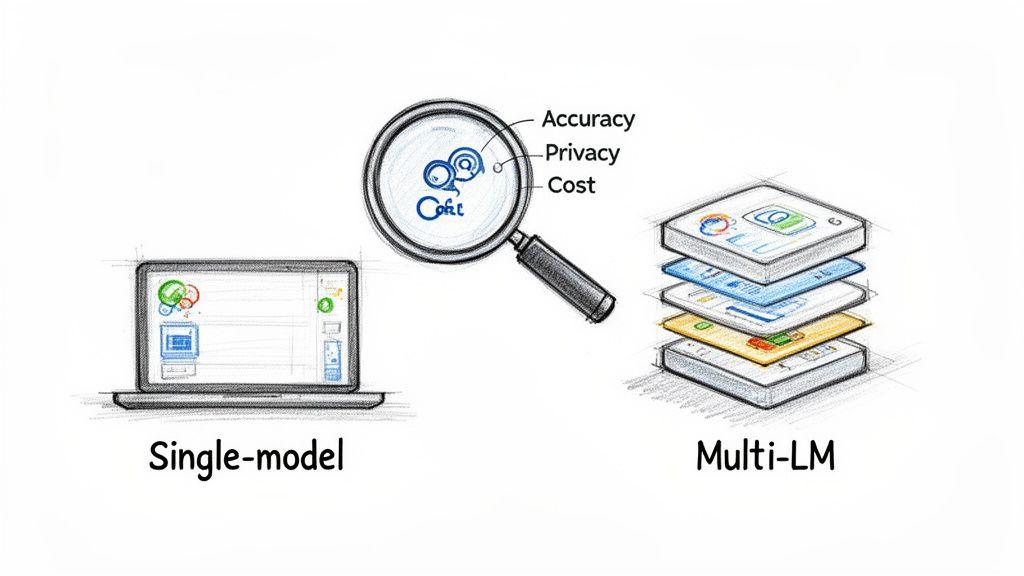 Diagram comparing single-model systems on a laptop with multi-LM stacks, focusing on accuracy, privacy, and cost.