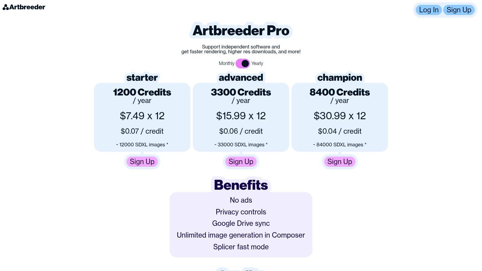 The pricing plans page for the Artbreeder website, detailing free, starter, advanced, and champion tiers with different credit allowances and features.