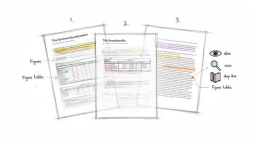 Visual guide to reading research papers, illustrating strategies like skim, scan, deep dive, figures, and tables.