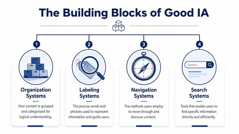A diagram illustrating the four building blocks of good information architecture: organization, labeling, navigation, and search systems.