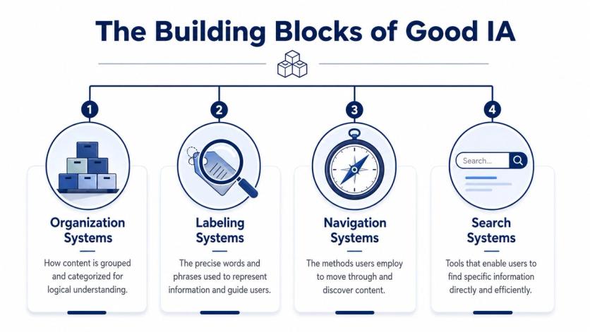 A diagram illustrating the four building blocks of good information architecture: organization, labeling, navigation, and search systems.