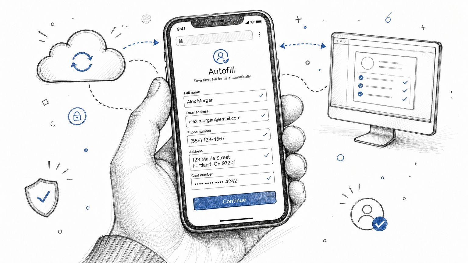 A hand holding a smartphone displaying an autofill form, illustrating secure data syncing between devices.