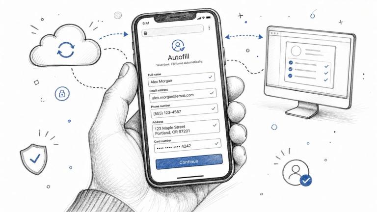 A hand holding a smartphone displaying an autofill form, illustrating secure data syncing between devices.