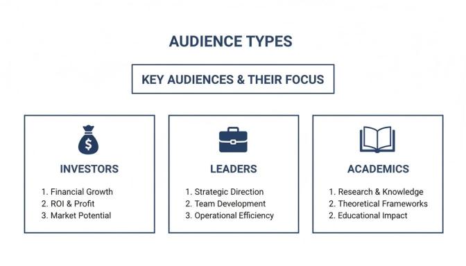 Chart outlining key audience types: Investors, Leaders, and Academics, with their respective areas of focus.