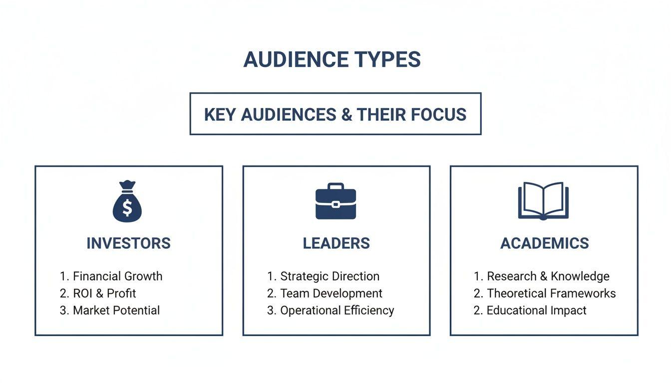 Chart outlining key audience types: Investors, Leaders, and Academics, with their respective areas of focus.