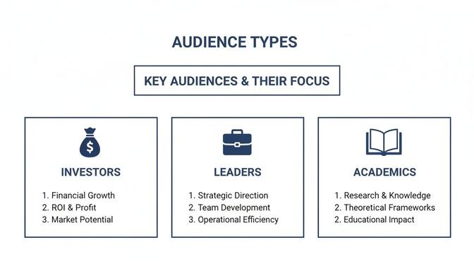 Chart outlining key audience types: Investors, Leaders, and Academics, with their respective areas of focus.