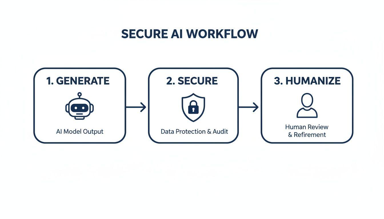 Workflow diagram illustrating secure AI generation, data protection, and humanization process for refinement.