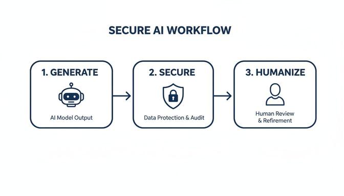 Workflow diagram illustrating secure AI generation, data protection, and humanization process for refinement.