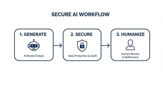 Workflow diagram illustrating secure AI generation, data protection, and humanization process for refinement.
