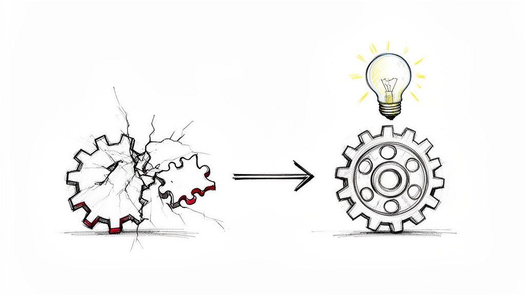 An illustration showing a broken gear transformed into a complete one with a bright idea.