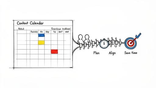 An illustration showing a content calendar connected to a process of planning, alignment, and saving time.