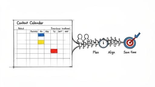 An illustration showing a content calendar connected to a process of planning, alignment, and saving time.