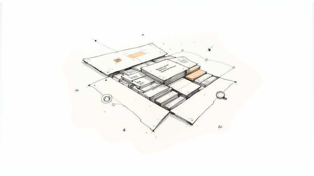 Sketch of an open box filled with neatly stacked documents and abstract elements.