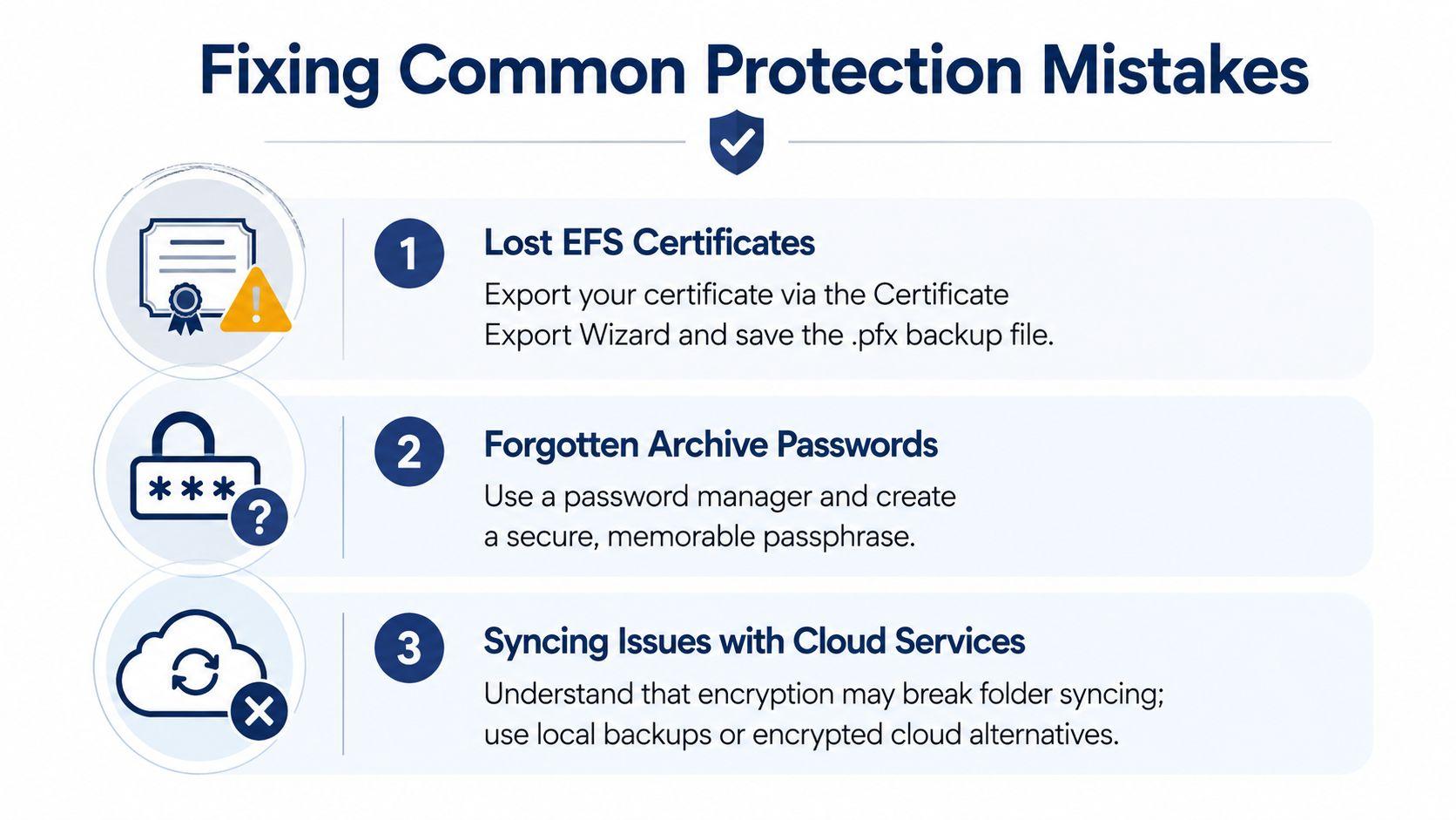 An infographic detailing solutions for common data protection mistakes like lost certificates, forgotten passwords, and syncing issues.