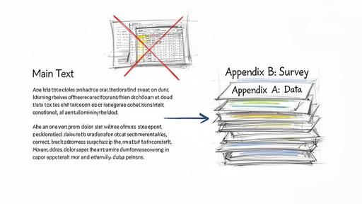 Diagram showing data moving from main text to structured appendices, labeled 'Appendix A: Data' and 'Appendix B: Survey'.