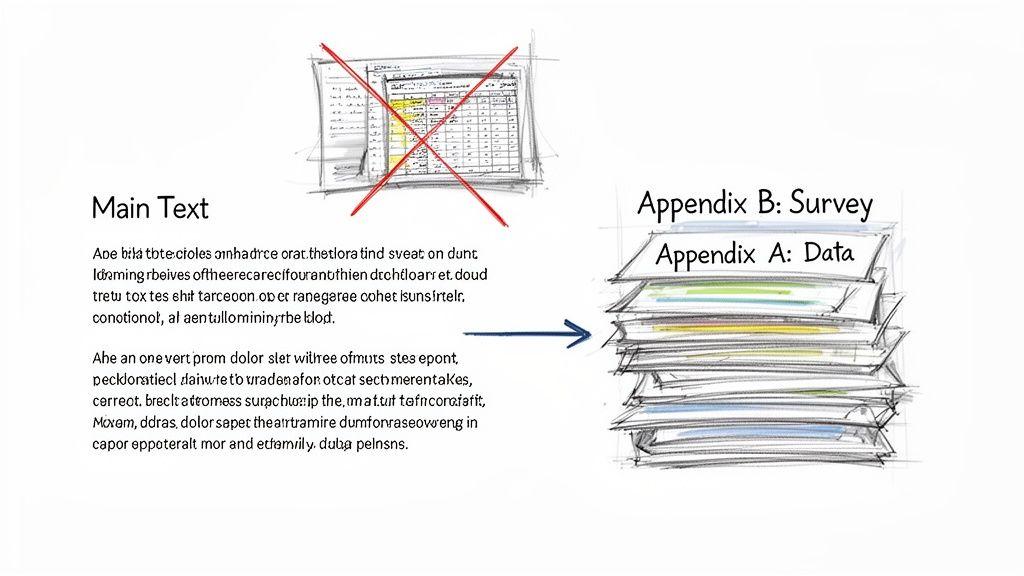 Diagram showing data moving from main text to structured appendices, labeled 'Appendix A: Data' and 'Appendix B: Survey'.