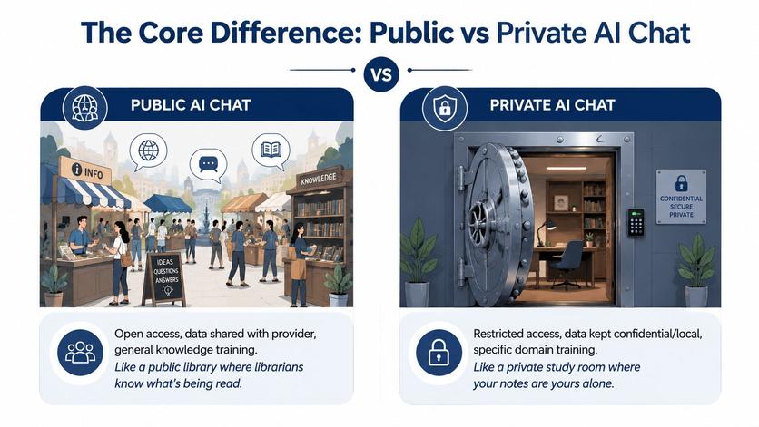 A comparative infographic illustration showing the security differences between a public AI chat and a private AI chat.