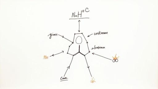 A conceptual diagram with a central polygonal shape, labeled with terms like "N=H=C," "given," and "unknown."