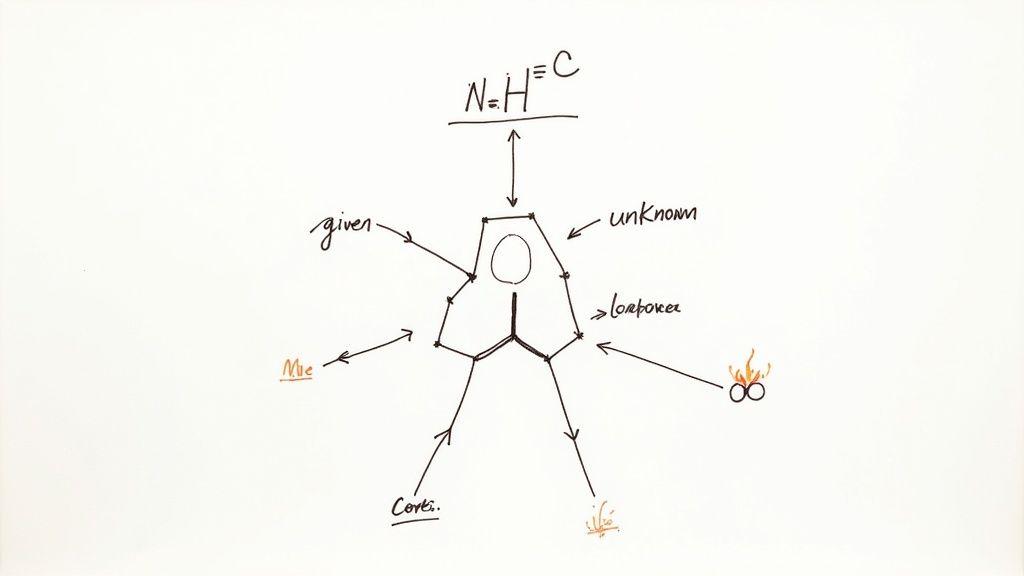 A conceptual diagram with a central polygonal shape, labeled with terms like "N=H=C," "given," and "unknown."