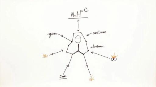 A conceptual diagram with a central polygonal shape, labeled with terms like "N=H=C," "given," and "unknown."
