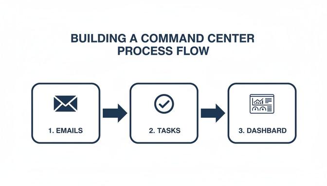 A command center process flow diagram illustrating steps from emails to tasks to a dashboard.