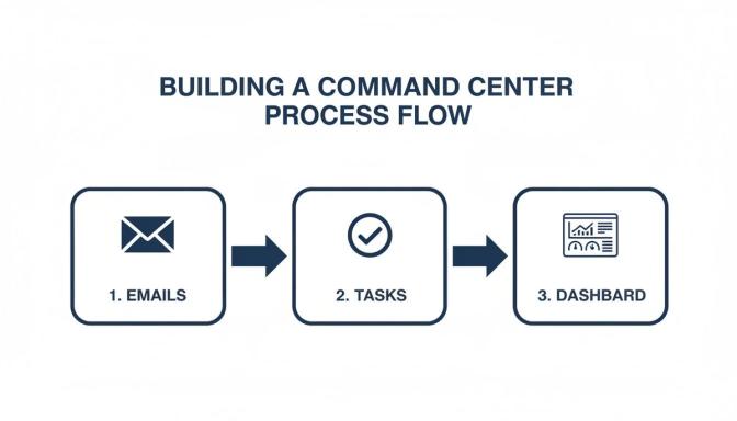 A command center process flow diagram illustrating steps from emails to tasks to a dashboard.