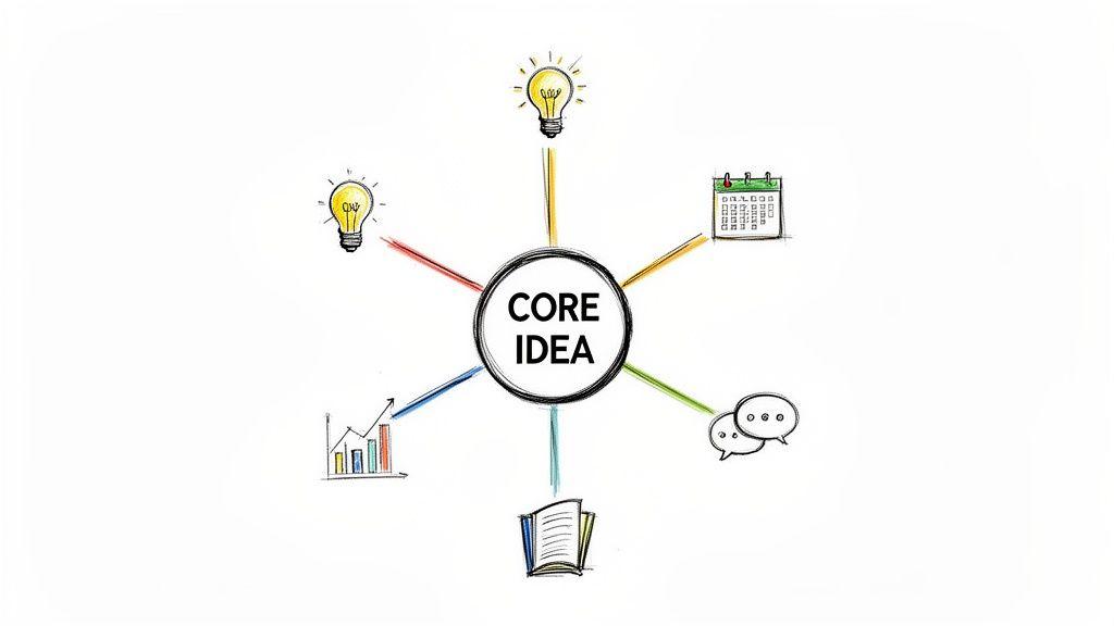A hand-drawn mind map showing 'CORE IDEA' connected to various concepts like innovation, planning, communication, learning, and growth.