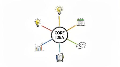 A hand-drawn mind map showing 'CORE IDEA' connected to various concepts like innovation, planning, communication, learning, and growth.