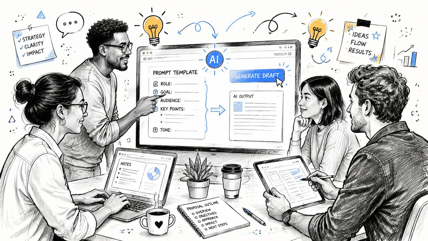 A diverse team of professionals collaborating on a proposal using an AI-powered drafting tool on a computer.