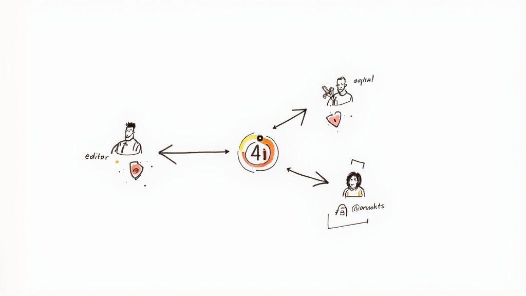 A diagram shows '4i' at the center, connecting to an editor, 'oup/rial', and '@oruokts' via arrows, representing a workflow.