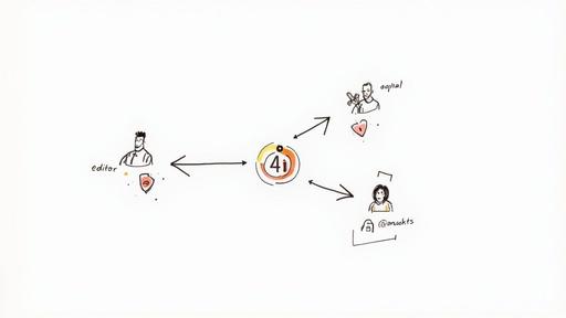 A diagram shows '4i' at the center, connecting to an editor, 'oup/rial', and '@oruokts' via arrows, representing a workflow.