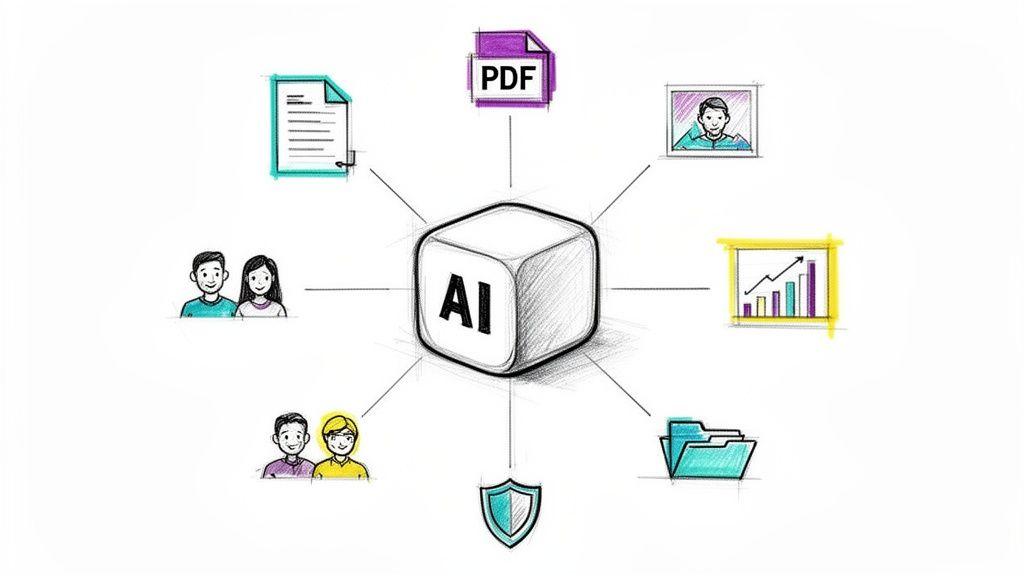 An AI cube in the center connects to various data types, users, files, and security features.