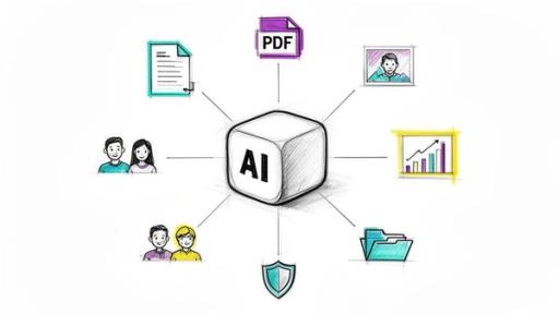 An AI cube in the center connects to various data types, users, files, and security features.