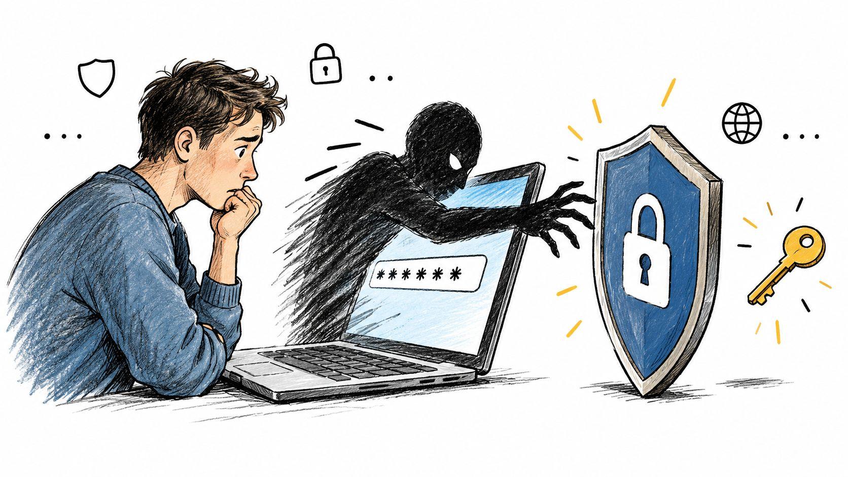 A worried person sits at a laptop while a dark, shadowy figure tries to breach digital security.