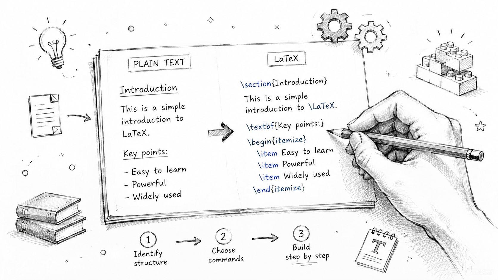 A hand writes LaTeX code in a notebook, comparing simple text to structured document markup commands.