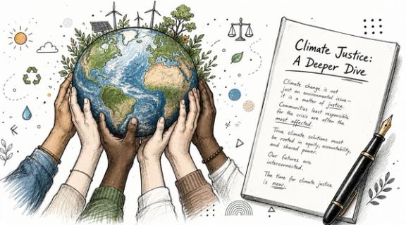 A diverse group of hands holding up a globe, next to a notepad discussing climate justice.