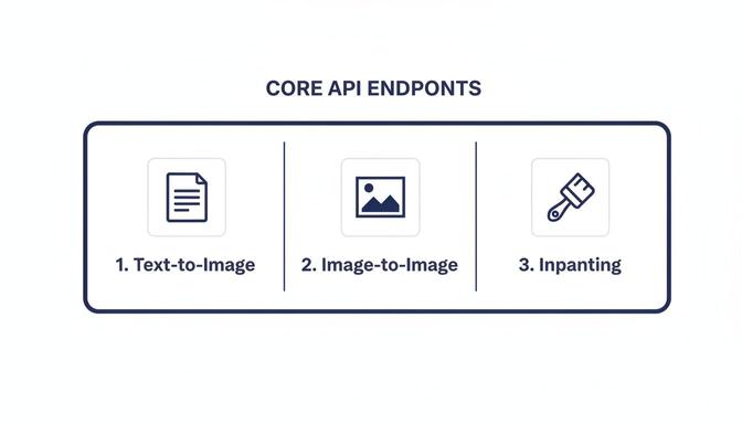Core API endpoints for Stability Diffusion, detailing Text-to-Image, Image-to-Image, and Inpainting functionalities.