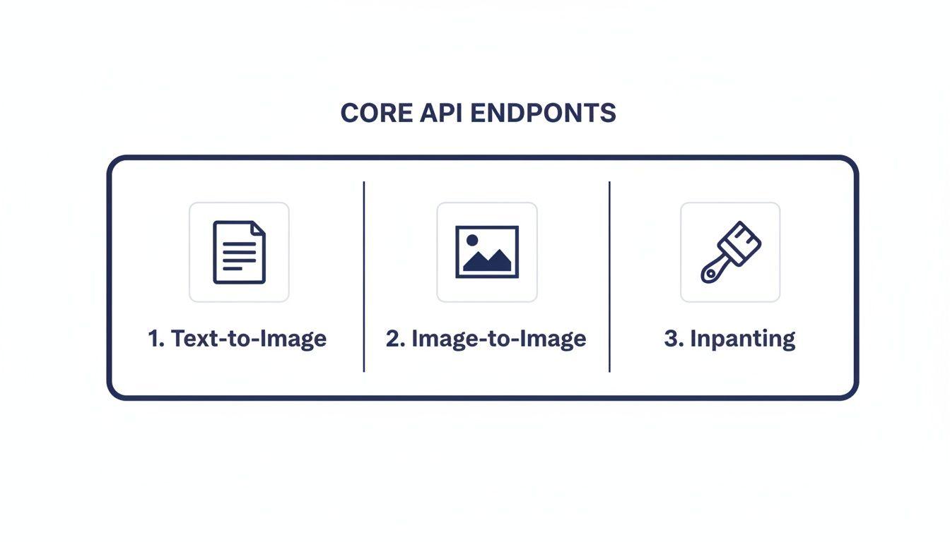 Core API endpoints for Stability Diffusion, detailing Text-to-Image, Image-to-Image, and Inpainting functionalities.