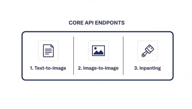 Core API endpoints for Stability Diffusion, detailing Text-to-Image, Image-to-Image, and Inpainting functionalities.