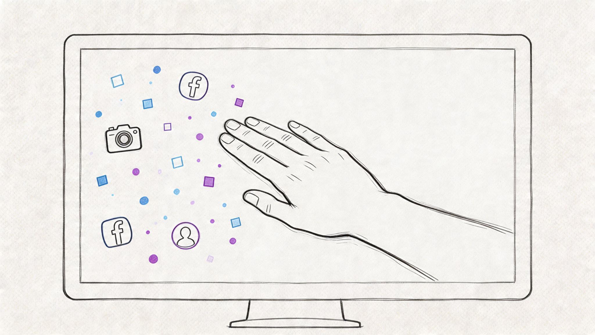 A hand interacting with social media and personal profile icons on a computer monitor touch screen interface.