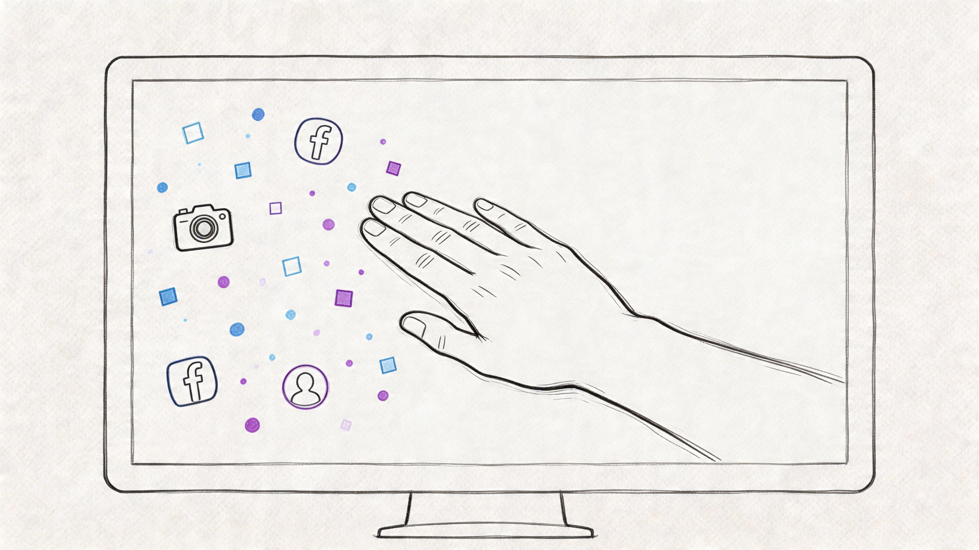 A hand interacting with social media and personal profile icons on a computer monitor touch screen interface.