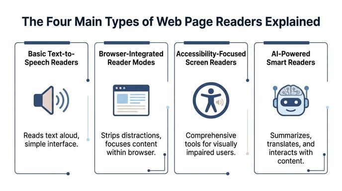 An infographic titled The Four Main Types of Web Page Readers explaining text-to-speech, reader modes, and screen readers.