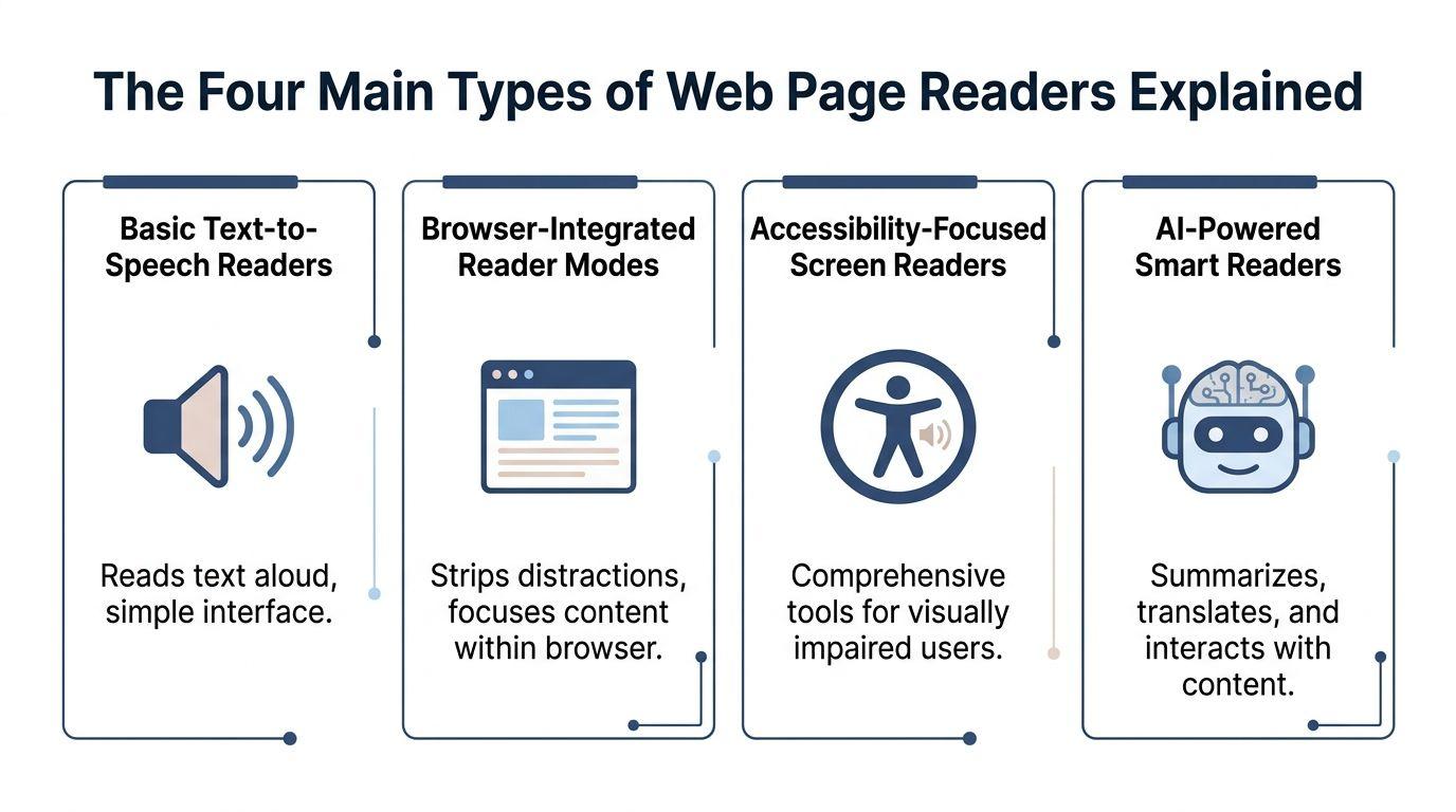 An infographic titled The Four Main Types of Web Page Readers explaining text-to-speech, reader modes, and screen readers.