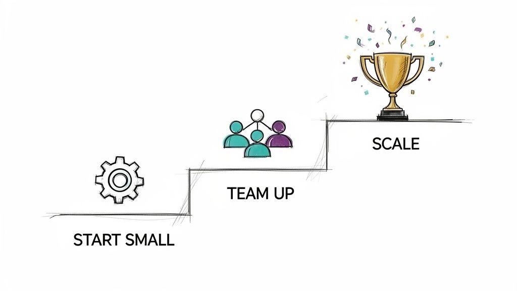 A three-step diagram illustrating business growth: start small with a gear, team up, and scale to success with a trophy.