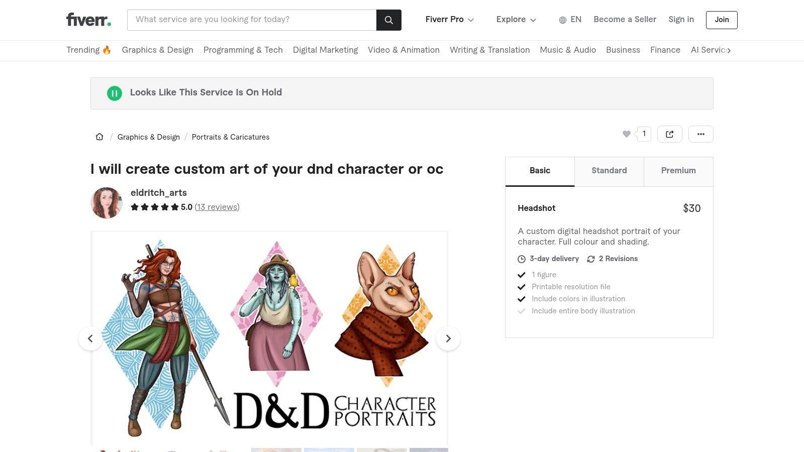 An example of a custom D&D character art commission from Fiverr, showing a detailed portrait of a fantasy character.