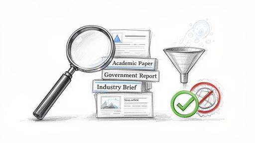 Research process visualization with magnifying glass, document stack, funnel, and validation icons.